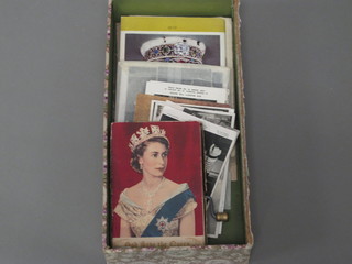 A musical Coronation greeting card and various Royal postcards, cigarette cards and Order of Service for the Coronation
