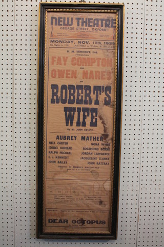 A theatre bill for The New Theatre George Street Oxford for Robert's Wife opening the 13th November 1939 featuring Fay  Compton and Owen Nares