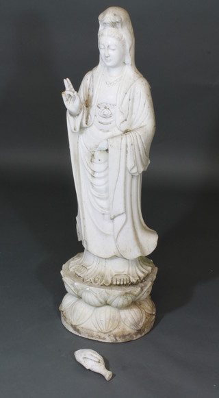 A carved marble figure of Wang Li 46", hand f and fingers  chipped,