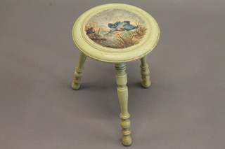 A circular Victorian green painted stool, the top decorated a  diving Kingfisher 11"