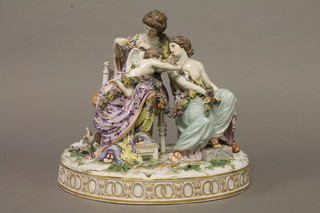 A late Dresden porcelain figure of a cherub having his wings clipped, raised on an oval base, 12", some damage to hands   ILLUSTRATED