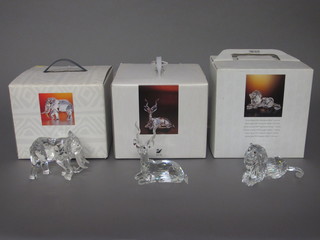 3 1993-1994 Swarovski Inspirations of Africa figures - seated gazelle, elephant and lion 4", complete with stands and glass  Swarovski sign