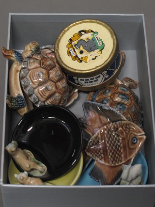 2 Wade tortoises, 3 Wade ashtrays, a pin dish in the form of a  fish and a drum box containing a Dumbo figure