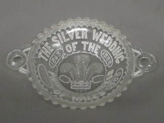A Victorian circular twin handled pressed glass dish to commemorate the Royal Wedding of The Prince of Wales 5"