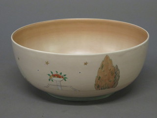 A circular Clarice Cliff bowl decorated ferns and flowers 8 1/2"