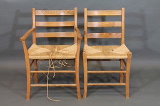 A set of 6 pine ladder back dining chairs with woven cane seats -  2 carvers, 4 standard