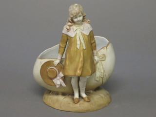 A Royal Dux style porcelain egg shaped vase supported by a figure of a standing girl with bonnet 7"