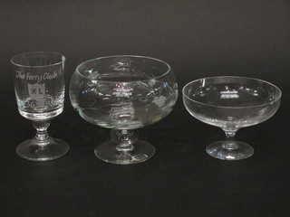 A Luiske etched glass pedestal bowl 6", 1 other glass pedestal bowl and a goblet to commemorate the 50th Anniversary of The  Forty Club