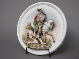 A German circular porcelain plaque depicting a horseman 12", f,