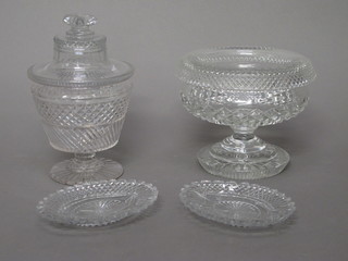 An Irish cut glass jar with associated cover 6", do. bowl 7" and  2 oval dishes 5"