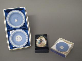 A Wedgwood blue Jasperware dish to commemorate Britain in Expo Japan and 1 other to commemorate 225 years of The  Wedgwood