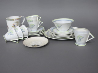 A 20 piece Shelley grey and green banded tea service comprising bread plate 8 1/2", 6 tea plates 7", sugar bowl, cream jug -  cracked, 6 saucers and 5 cups. the bases marked M12294  together with a saucer decorated a Manx cat and an Adams  tankard