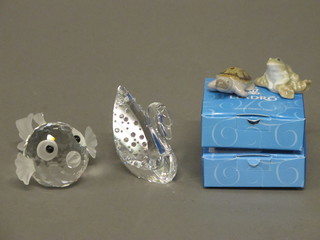 2 Lladro miniature figures of a turtle and a frog together with a Swarovski glass figure of a fish and a swan