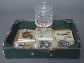 A cut glass jar and cover 6" and a collection of tiles