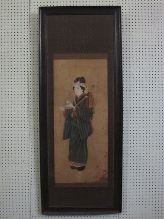 An Oriental print on silk panel "Geisha Girl" 27" x 12"