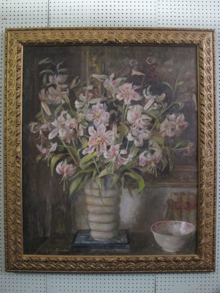 A Constance Richardson, oil on canvas, still life study "Vase of Jersey Lilies" signed and dated 1846 37" x 31"