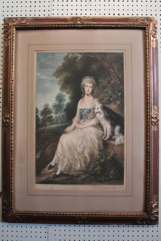 A 19th Century coloured print "Seated Noblewoman with Collie  Dog" 20" x 13"