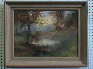 Tarjai-Puto, oil on canvas "Figures in a Wooded Area" 11" x  15", the reverse with Guildford Gallery label