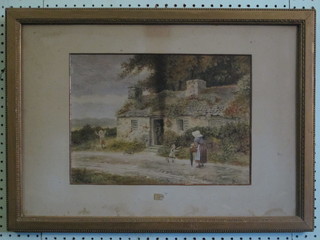 E Suston, watercolour "Country Cottage with Figures" 10" x 14"