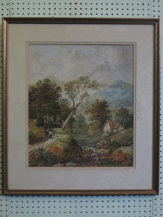 A East, watercolour "Figure Walking by a Mountain Stream" 17"  x 14"