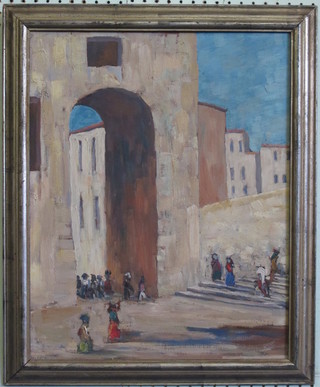 Impressionist oil on board "Study of Arch, Buildings and  Figures" 19" x 15"
