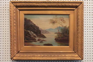 Victorian oil on canvas "Study of Mountain Lake with Castle and  Sailing Boat" 9" x 13"