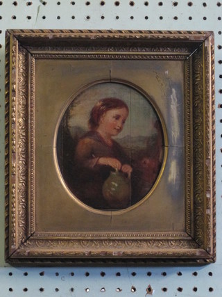 18th Century oil on board, study of a "Child, Dog and Jug" 6" oval