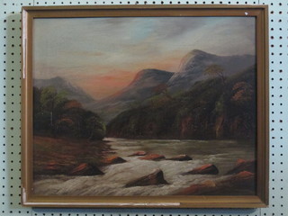 H Burton, oil on board "Mountain River at Dusk" 15" x 19"