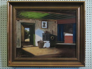 Russian School, oil on canvas "Interior Scene" 15" x 19"  indistinctly signed to bottom left hand corner