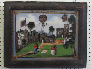 A Victorian painting on glass "Ruined Castle with Balloon in  Flight" 9" x 12"