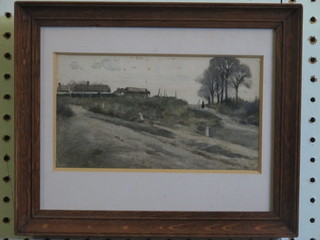 Frank Richards, watercolour "Two Victorian Ladies Walking on  a Track with Buildings" 4" x 7"