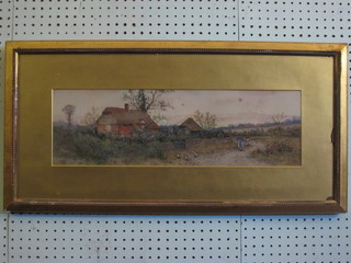 A Victorian watercolour drawing "Country Cottage with Figures  and Chickens" 6 1/2" x 21" indistinctly signed to bottom left  hand corner, some foxing
