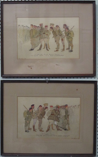 John Cameron, pair of humerous military watercolours "The Brigade Inspection, This Filthy Ruffian on Parade with  Unpolished Scabbard Tip" and "Six Months Later Brigade  Inspection" 9" x 13"