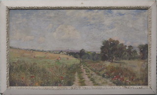 Violet Fraser, oil on canvas "Cornfields with Cathedral in  Distance" 17" x 31"