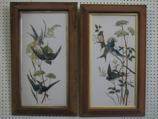 A pair of Victorian oil paintings on porcelain panels "Diving  Birds" 20" x 9"