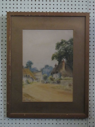 H Duncan, watercolour "Country Lane Thatched Cottage and  Figures" 14" x 10"