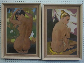 A pair of oil paintings on board "Kneeling Naked Ladies" 17" x  11"
