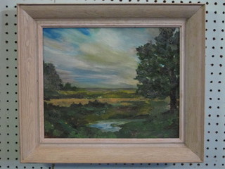 Impressionist oil on board "Country Scene with Downs in  Distance" 9 1/2" x 11 1/2" indistinctly signed