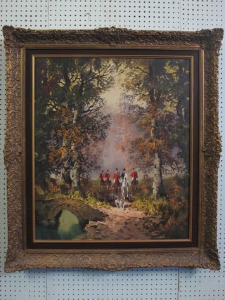 Mahuer, oil on canvas "The Fox Hunt" 27" x 23" in a gilt frame