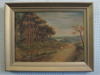 Oil on canvas "Figure Driving Sheep" 22" x 30"