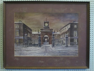 Peter Lowry, watercolour "The Royal Mews Buckingham  Palace" the reverse with Mall Gallery Exhibition label 1984 15  1/2" x 23"