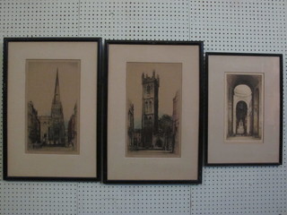 B Shephard, 3 coloured etchings "St Stephens Church, Redcliff  Church and St Pauls" 16" x 9" and 11" x 7"