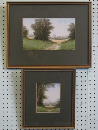 John Aldey, 4 various watercolour drawings - 3 Churches and 1  Country Lane 5" x 9", 5 1/2" x 9", 5" x 4" and 4" x 5"