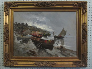 E Vanni, oil on canvas, impressionist study "Moored Fishing  Boats" 19" x 27"