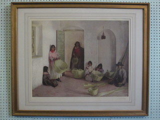 G Kelly, a coloured print "Spanish Interior Scene with Figures"  19" x 25" with blind proof stamp, signed in the margin