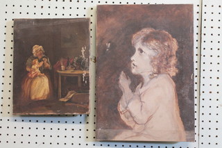 Oil on canvas "Interior Scene with Seated Mother and Child" 10"  x 8" and 1 other oil on canvas "Praying Child" 14" x 10"