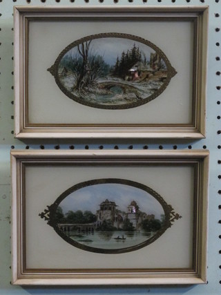 A pair of Eastern coloured prints "River with Building and River with Temple" 3" oval