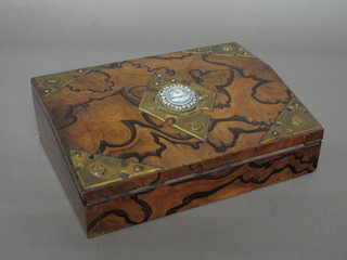 A Victorian walnut and gilt banded writing slope, the lid inlaid a Jasperware panel 14"
