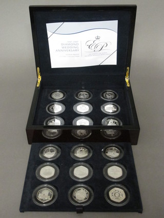 An Alderney Diamond Wedding silver proof collection of crowns comprising seventeen 5 dollar pieces and a ?5 coin, cased