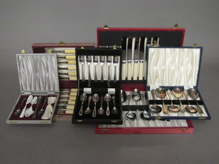 A canteen of chromium plated flatware, 6 silver plated soup spoons, a set of 6 silver plated fish knives and forks, a set of 6  silver plated pastry forks and spoons, a set of 6 silver plated  teaspoons